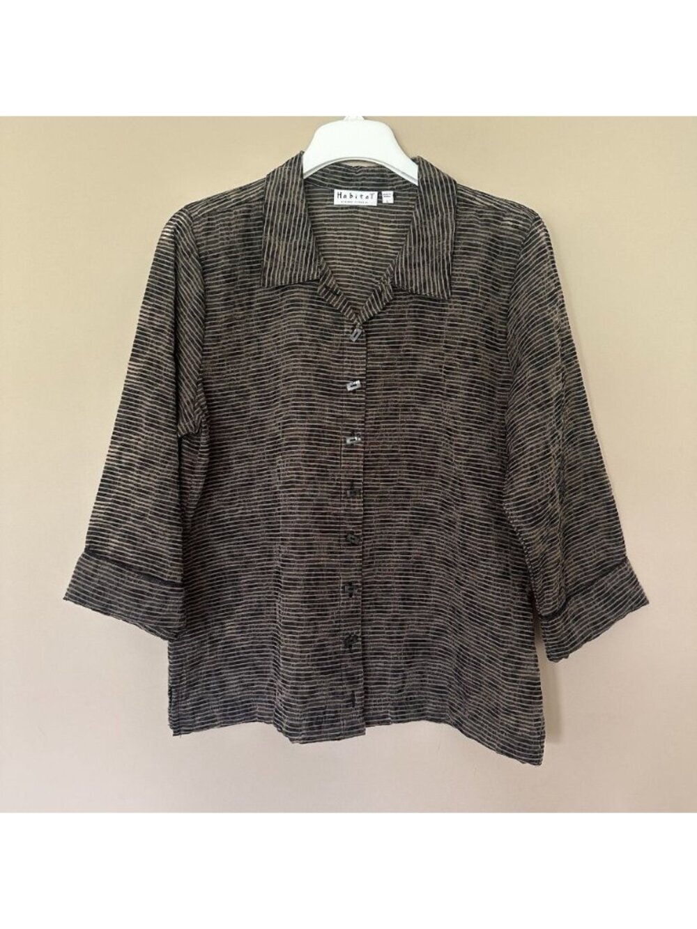 Habitat Women L Semi-sheer 3/4 Sleeve Button Shirt Black Brown Artsy Office